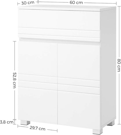 Meuble De Salle De Bain Sur Pied, Meuble De Rangement Avec Tiroir, Armoire À Double Porte, Étagère Réglable, Pour Entrée, Couloir, 60 X 30 X 80 Cm, Blanc BBK140W01