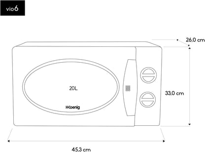 Micro-Ondes Compact 20L VIO6 Blanc, Puissant 700W, Plateau Tournant 24,5Cm, Multifonction 5 Niveaux De Chauffe Et Fonction Décongélation, Minuterie Jusqu'À 30Min, Rapide, Plan De Travail