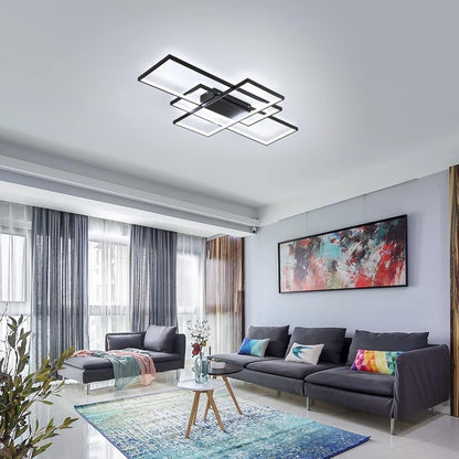 Luminaire Plafonnier Salon, Plafonnier LED Dimmable, Irrégulier Lampe Rectangulaire En Métal Acrylique, Plafonnier LED Chambre Telecommande,Noir,110 * 60CM/95W