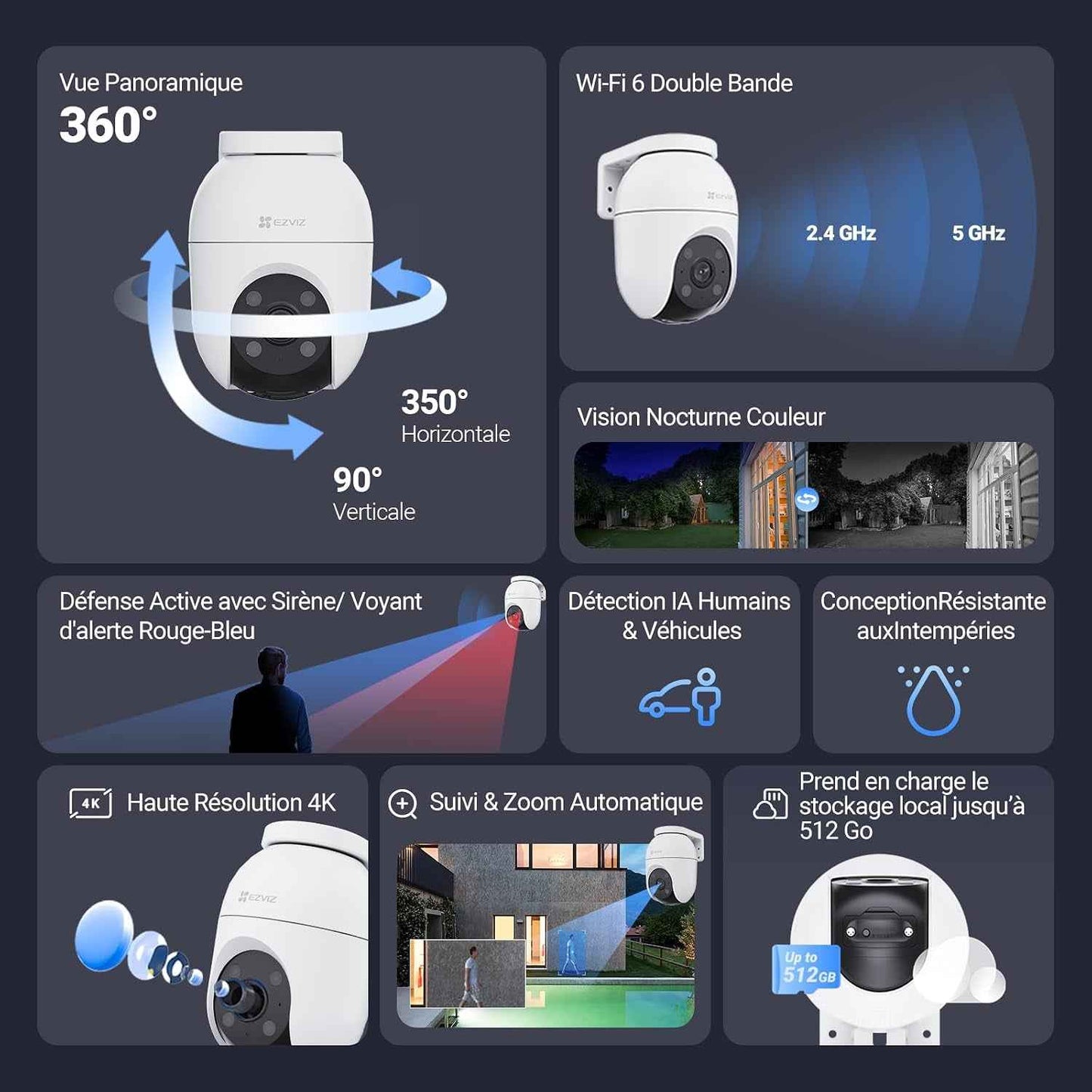 4K(8MP) Caméra Extérieur Wifi À 360° C8C 4K 4Mm | Détection Humaine, Vision Nocturne En Couleur, Suivi Auto-Zoom, Audio Bidirectionnel, IP65 Etanche, Défense Active