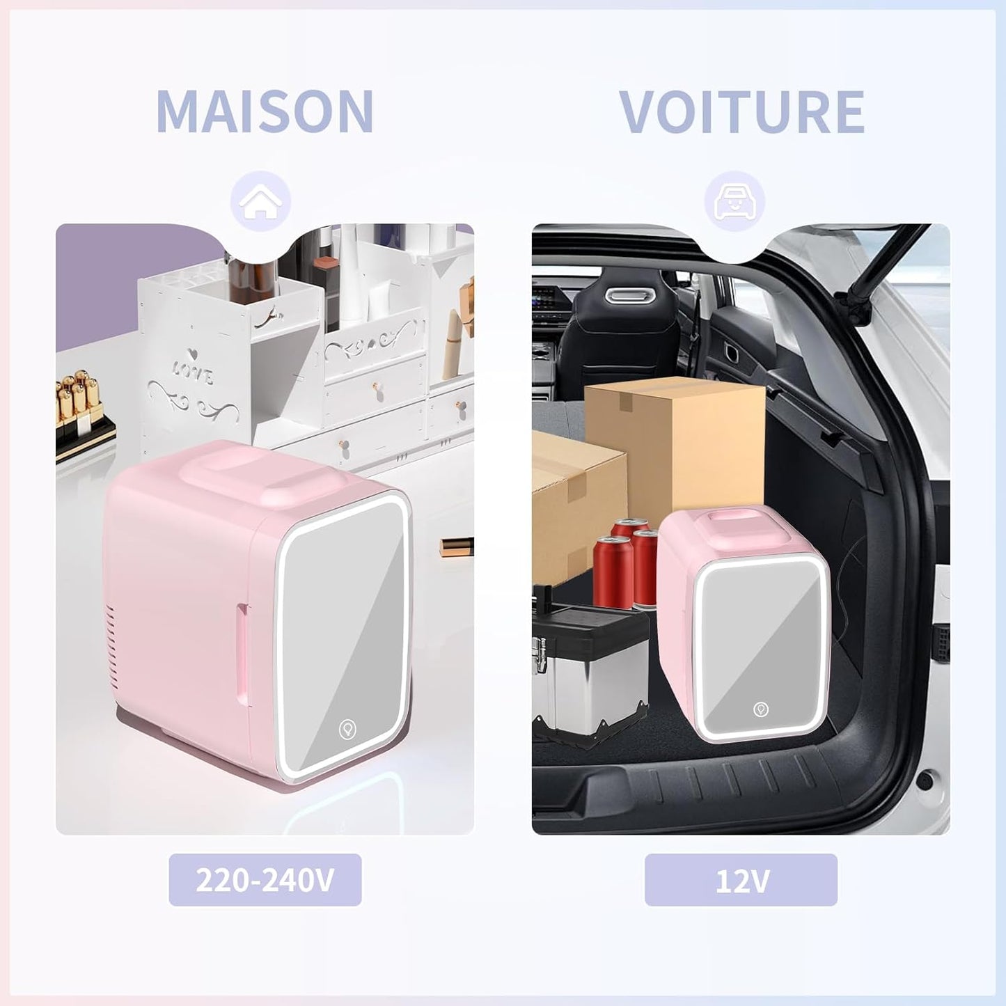 Mini Frigo Pour Chambre, Frigo Skincare Avec Miroir LED, Petit Frigo De 4L Portable, Thermoelectrique Chauffe & Refroidisseur 220V AC / 12V DC Pour Voiture, Bureau, Dortoir (Rose)
