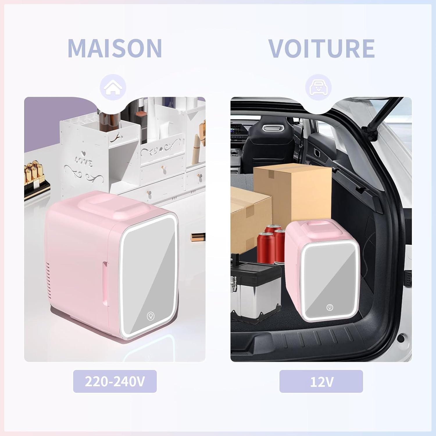 Mini Frigo Pour Chambre, Frigo Skincare Avec Miroir LED, Petit Frigo De 4L Portable, Thermoelectrique Chauffe & Refroidisseur 220V AC / 12V DC Pour Voiture, Bureau, Dortoir (Rose)