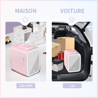 Mini Frigo Pour Chambre, Frigo Skincare Avec Miroir LED, Petit Frigo De 4L Portable, Thermoelectrique Chauffe & Refroidisseur 220V AC / 12V DC Pour Voiture, Bureau, Dortoir (Rose)