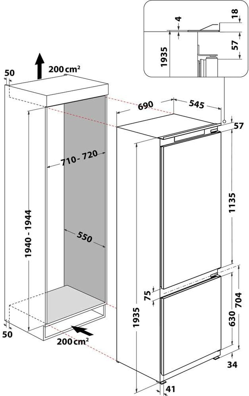 INDESIT Réfrigérateur Congélateur Encastrable IND401, 400 Litres, Air Brassé, Largeur 69Cm,