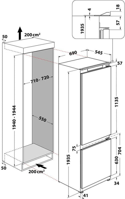 INDESIT Réfrigérateur Congélateur Encastrable IND401, 400 Litres, Air Brassé, Largeur 69Cm,