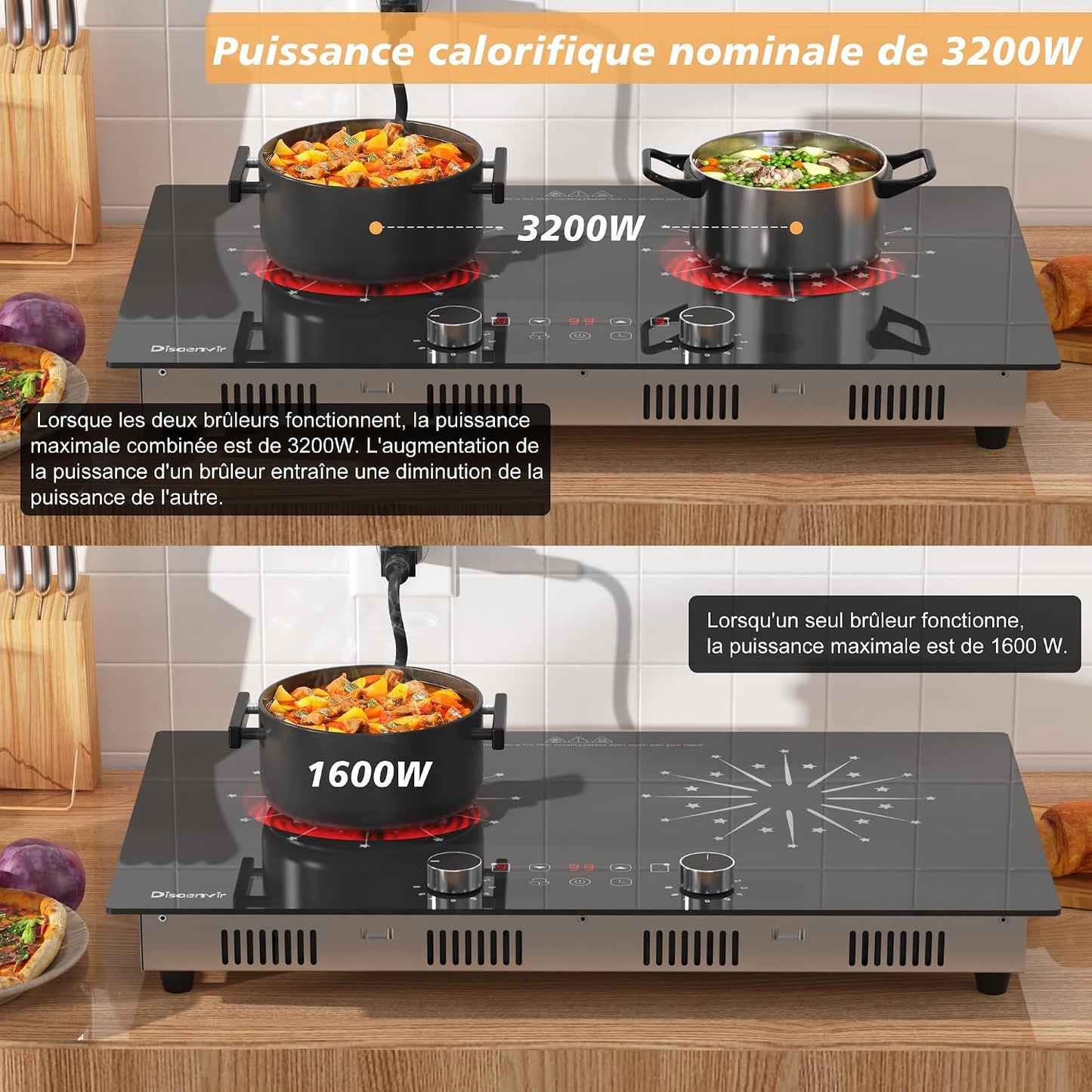 Plaque Vitrocéramique Portable 2 Feux Avec Prise | Plaque De Cuisson Electrique Deux Feux, Minuterie De 4 Heures, Commande Par Bouton, Sécurité Enfant, 3200W, 220V