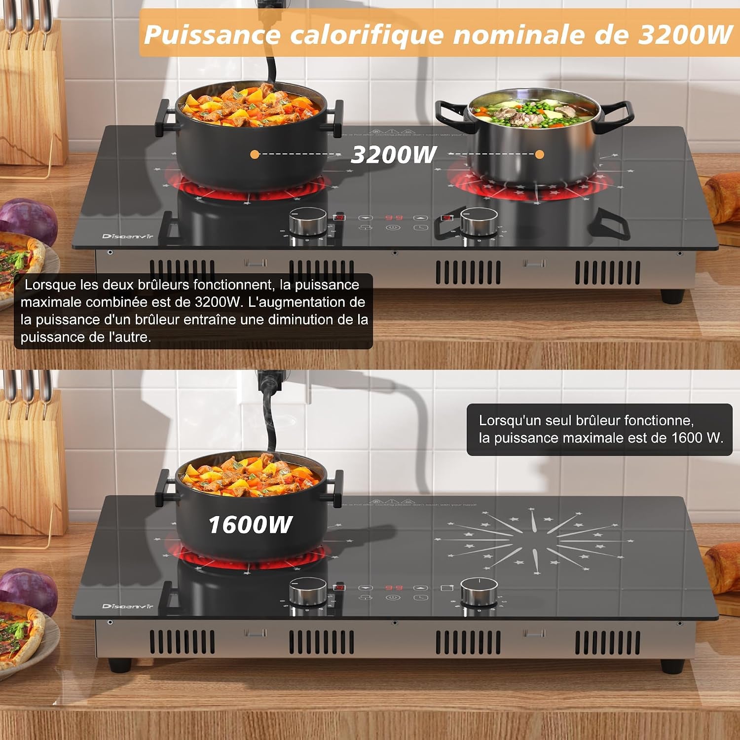 Plaque Vitrocéramique Portable 2 Feux Avec Prise | Plaque De Cuisson Electrique Deux Feux, Minuterie De 4 Heures, Commande Par Bouton, Sécurité Enfant, 3200W, 220V