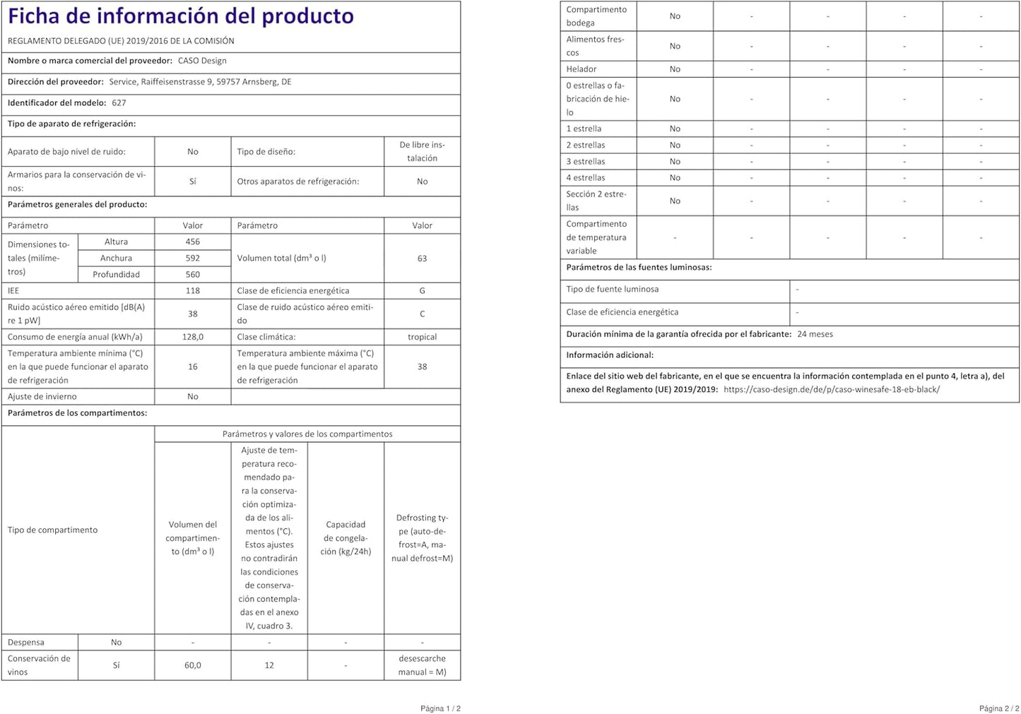 Caso 627 Vin Réfrigérateur Montage Encastré ()/A/44,5 Cm/138 Kwh/An/18 Bouteilles Partie Réfrigérateur/Congélateur Partie Isotherme/Électronique De Température Réglable De 5–20 °C/Noir