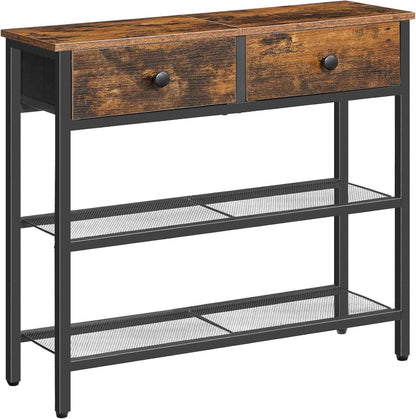 Console Meuble, 75 Cm Table Console, D'Entrée Avec 2 Tiroirs En Tissu, Table D’Appoint, Bout De Canapé, Pour Entrée, Salon, Style Industriel, Marron Rustique Et Noir EBF72XG01