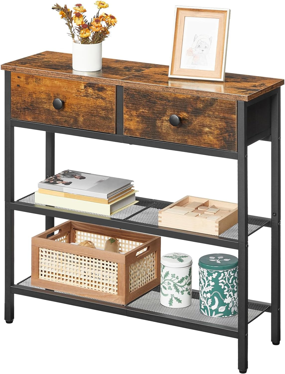 Console Meuble, 75 Cm Table Console, D'Entrée Avec 2 Tiroirs En Tissu, Table D’Appoint, Bout De Canapé, Pour Entrée, Salon, Style Industriel, Marron Rustique Et Noir EBF72XG01
