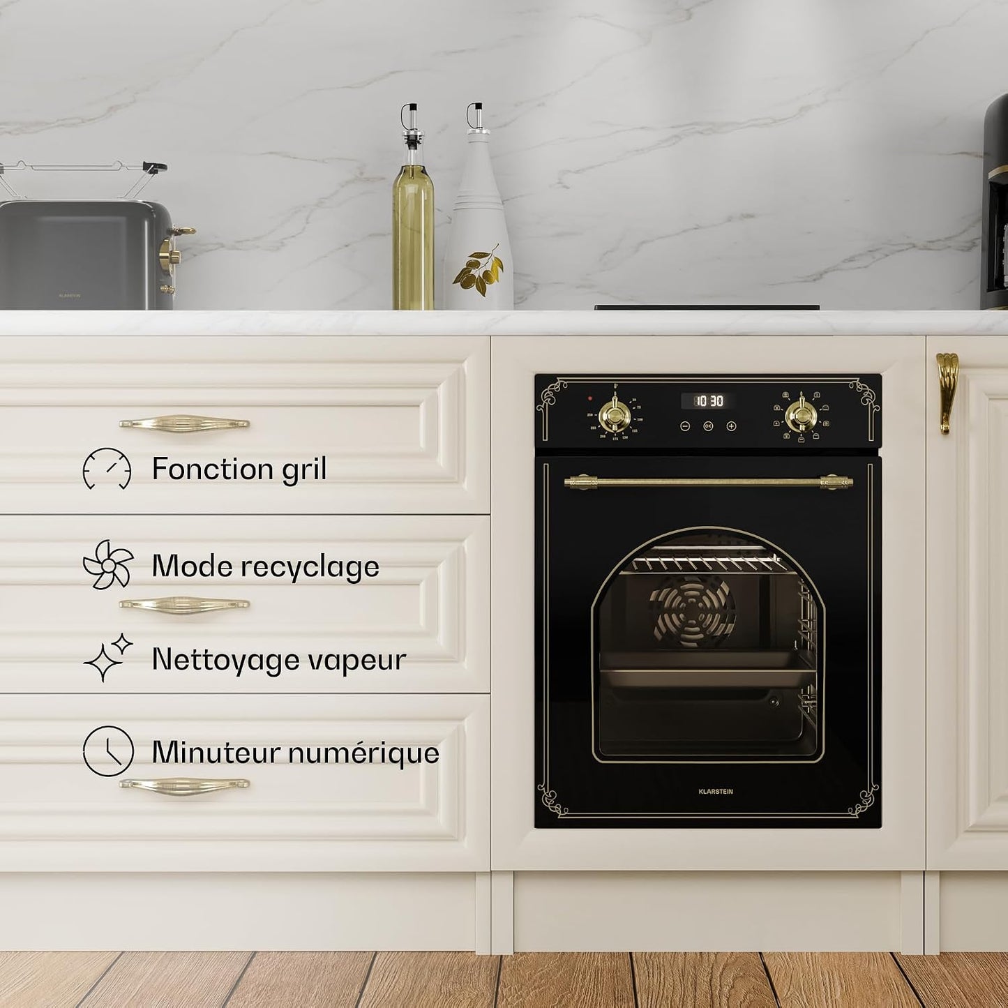 Klarstein Elizabeth Slim Four Encastrable 45 Cm - 49 L, 9 Fonctions, Minuterie Numérique, Nettoyage Vapeur, Gril Ventilé, Classe Énergétique A, Verre Trempé Noir