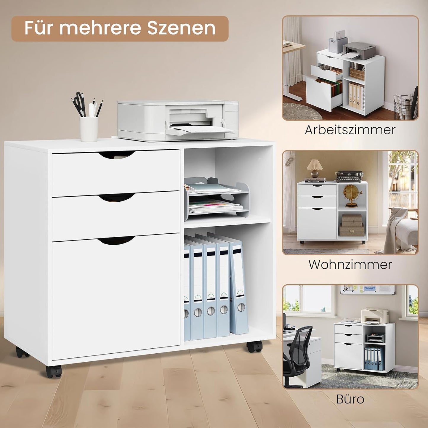 Caisson De Bureau Sur Roulettes, 80X39,5X69,5 Cm,Blanc | Avec 3 Tiroirs Et 2 Compartiments Ouverts, Armoire À Dossiers, Meuble De Rangement, Pour Bureau, Chambre