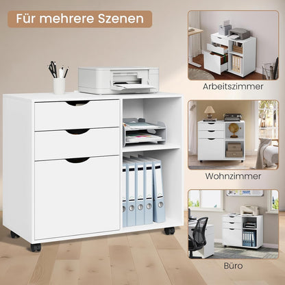 Caisson De Bureau Sur Roulettes, 80X39,5X69,5 Cm,Blanc | Avec 3 Tiroirs Et 2 Compartiments Ouverts, Armoire À Dossiers, Meuble De Rangement, Pour Bureau, Chambre