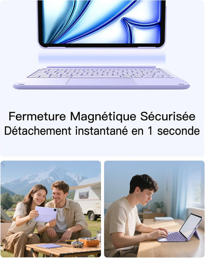 Coque Clavier Ipad A16/10E Gén, Ultra-Légère 450G | Pour Ipad Air 11" M4/M3/M2, Air 5/4, Pro 11", Magnétique Détachable 1S, Pavé Tactile, Support Vert/Horiz, Acetouch, Violet