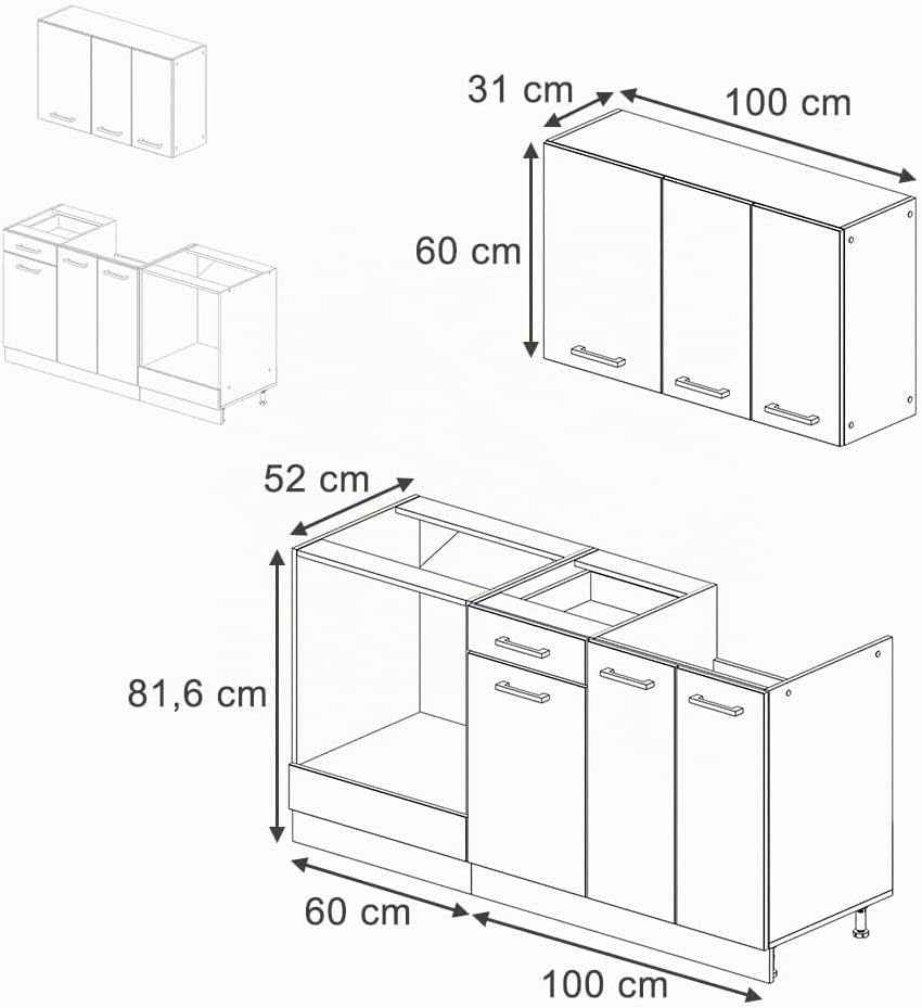 Cuisine R-Line, Noir Brillant/Blanc, 160Cm | Avec Meuble Four Encastrable Avec Plan De Travail, Préparé Pour L’Intégration D’Appareils Électroménagers Et D’Un Évier