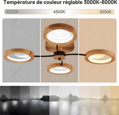 Plafonnier LED Moderne, Lustre Ø74Cm Dimmable Avec Télécommande 3000K-6000K, Bras Noir + 4 Anneaux En Bois, Abat-Jour Cercle En Métal, Salon Chambre Salle À Manger Bureau