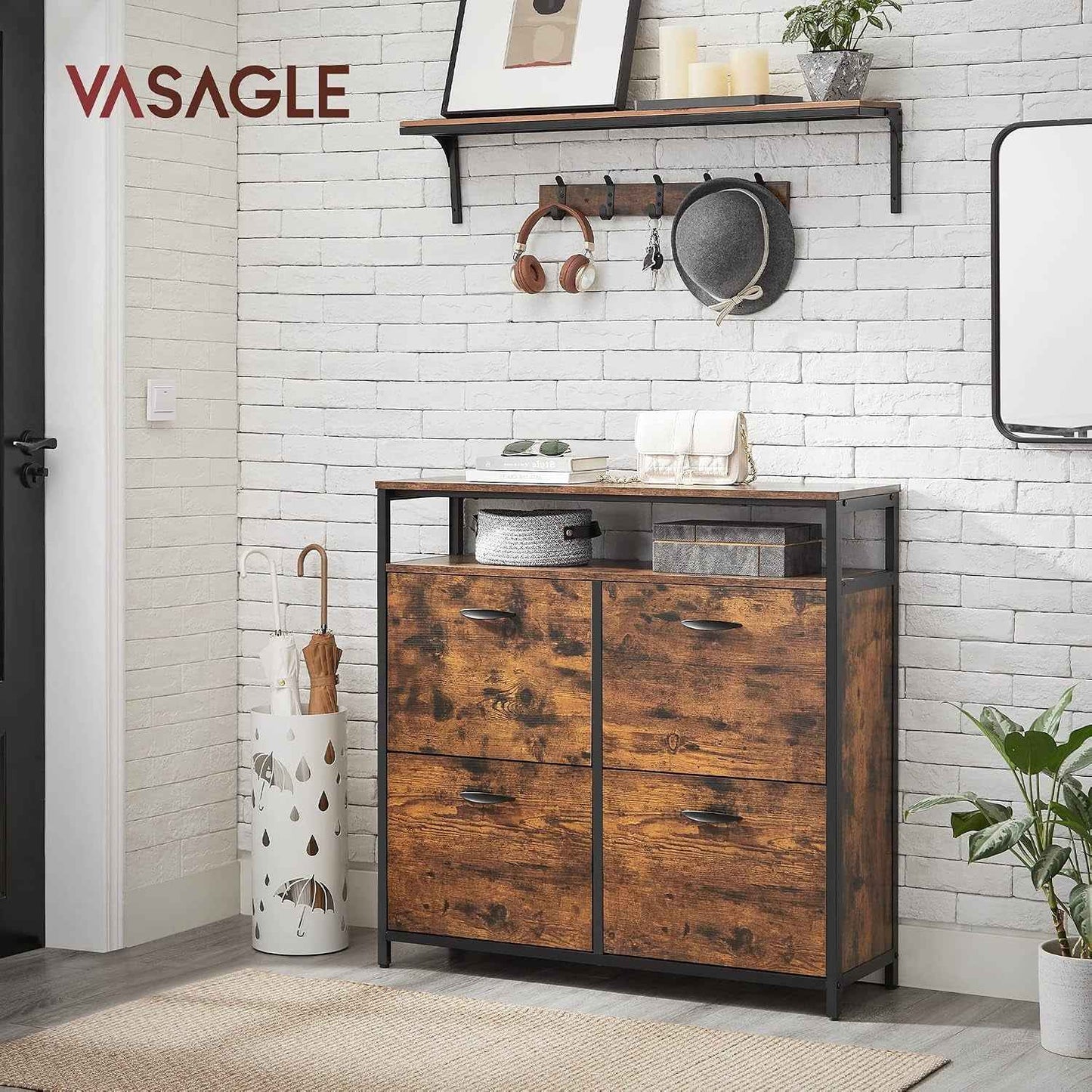 Meuble À Chaussures, Porte-Chaussures Fin, Meuble De Rangement À 4 Abattants, Pour 12-20 Paires, Anti-Poussière, 30 X 98,3 X 95 Cm, Pour Entrée, Marron Rustique Et Noir LBS803B01