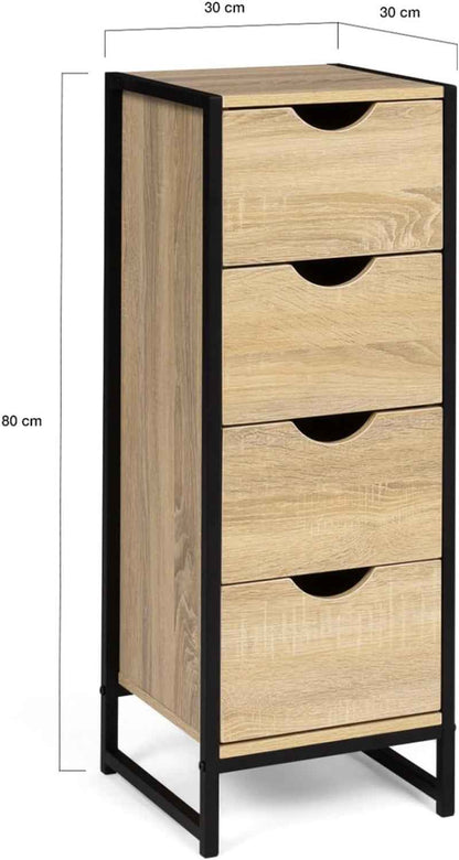 - Meuble D'Appoint 4 Tiroirs Detroit Design Industriel Bois, Noir | Longeur 30 X Largeur 30 X Hauteur 80 Cm, Chiffonnier Pour Entrée Salle De Bain
