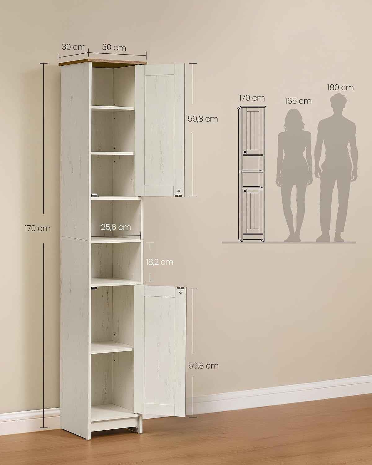 Meuble De Salle De Bain Haut, Snapsemble Montage Super Rapide, Colonne De Rangement, Avec Étagères Réglables, Pour Salon, Entrée, 30 X 30 X 170 Cm, Blanc Rustique BBC667WJ01 | Armoire De Rangement Avec Étagères Réglables, 30 X 30 X 170 Cm, Pour Petit Espa