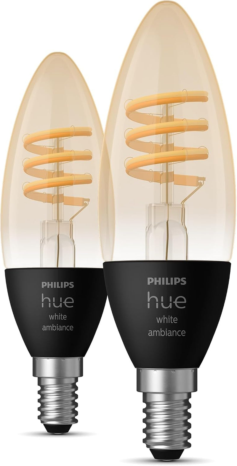 Philips Hue White Ambiance, Ampoule Vintage Filament E14, Compatible Bluetooth, Format Flamme, Pack De 2, Fonctionne Avec Alexa, Google Assistant Et Apple Homekit