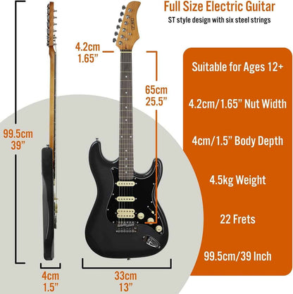 Stateside Guitare Électrique 4/4 Kit Ultime Avec Amplificateur 5 W, Câble, Support, Sac De Transport Rembourré, Sangle, Médiators, Leçons Gratuites - Rushmore Grey