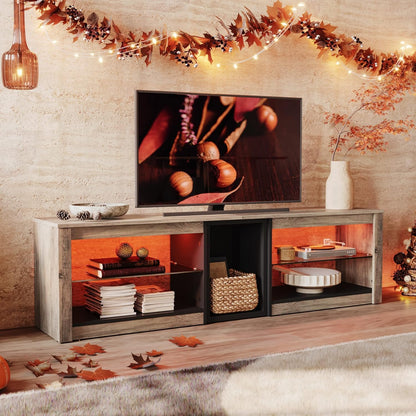 Meuble TV Bas Pour Téléviseurs 65" Et plus Petits, 160 X 35 X 52 Cm, Meuble TV Avec Lumières LED RVB, Table TV Avec Gestion Des Câbles Intégrée, Plateau En Verre Réglable