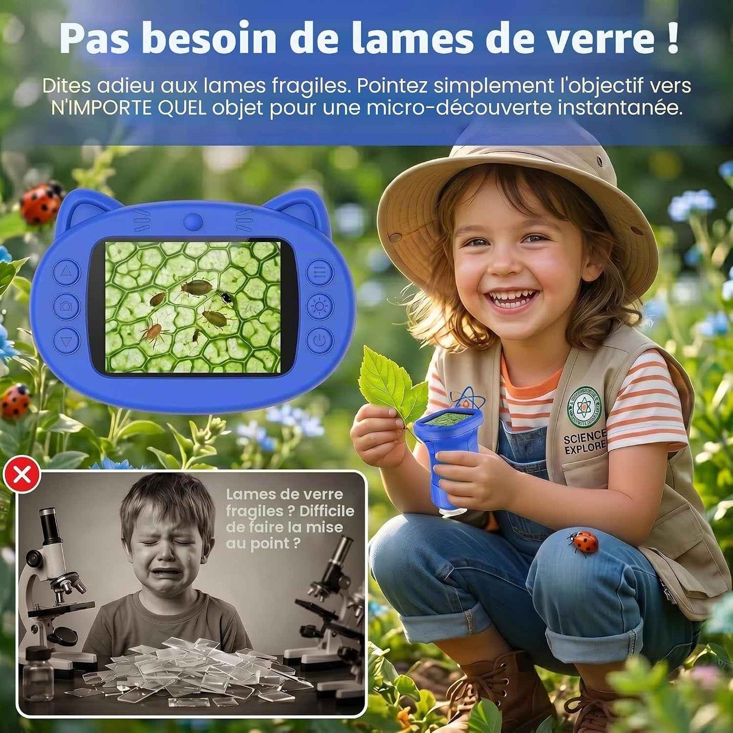 Microscope Enfant, Microscope Numérique Portable 1000X 4K Avec Écran IPS 2,4", 8 LED, USB Rechargeable, Jouet Éducatif Scientifique STEM, Cadeau Anniversaire Fille Garçon 3-12 Ans, Bleu