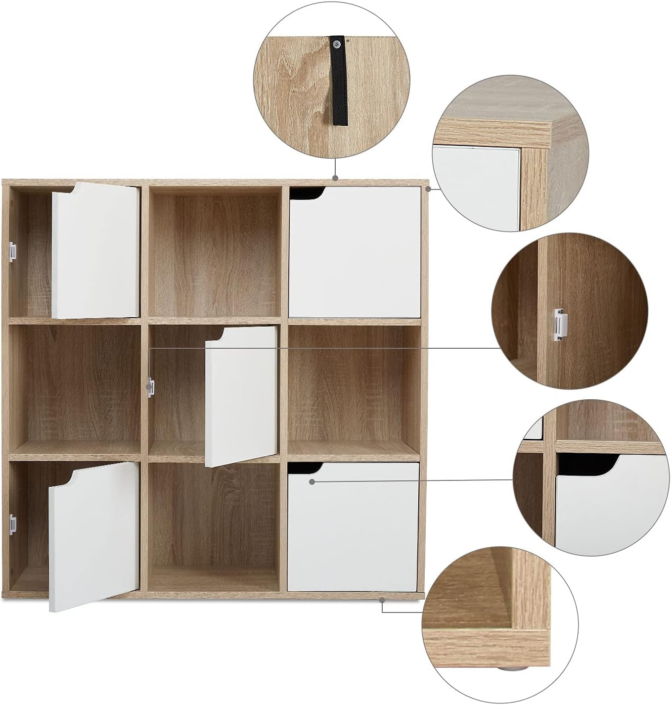 Bibliothèque 9 Casiers, 4 Ouverts + 5 Portes, Chêne, 90X30X90 Cm | Structure En Bois Massif. Exposez Et Rangez Vos Affaires. Idéal Salon, Bureau, Étude. Gain De Place.