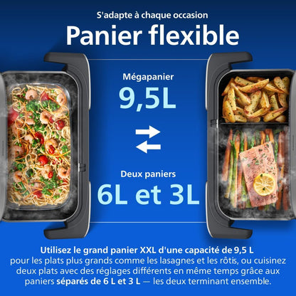 Airfryer 5000 - Air Fryer Panier Flexible 9.5L, Cuisson Vapeur | Megabasket 9.5L Ou 3+6L, Séparateur Amovible, 28 Modes,Technologie Rapidair & Steamfry, Auto Steamclean, Inox (NA565/00)