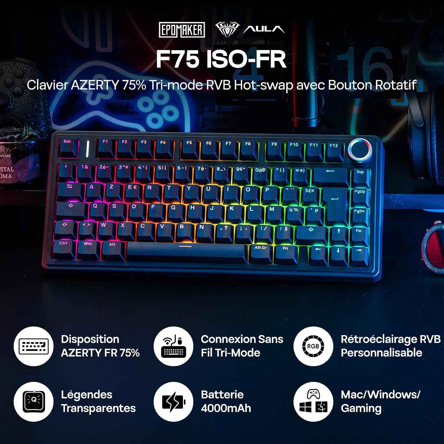 Aula F75 ISO-FR Clavier Mécanique Sans Fil AZERTY 75% | Clavier Gaming Français Avec Bouton Rotatif, RVB, Hot-Swap, Montage Gasket, Son Crémeux, Bt/2.4Ghz/Filaire
