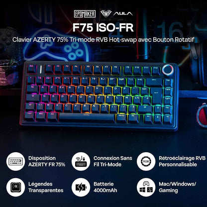 Aula F75 ISO-FR Clavier Mécanique Sans Fil AZERTY 75% | Clavier Gaming Français Avec Bouton Rotatif, RVB, Hot-Swap, Montage Gasket, Son Crémeux, Bt/2.4Ghz/Filaire