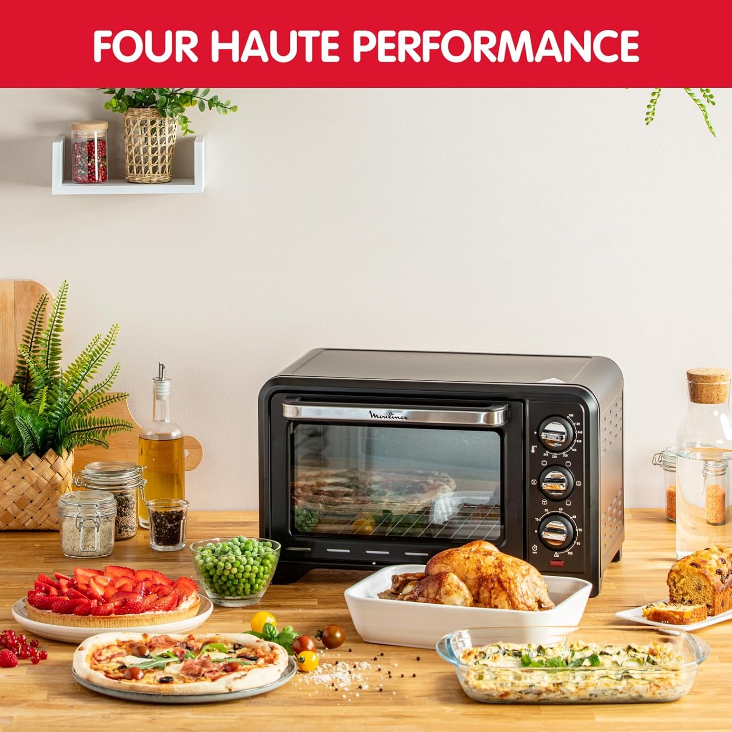 Four Électrique Posable 19 L, Compact, Chaleur Tournante, 6 Modes De Cuisson, Thermostat Réglable Jusqu’À 240°C, Minuteur 120 Min, Grille Réversible, Lèche Frites, Optimo Noir OX444810