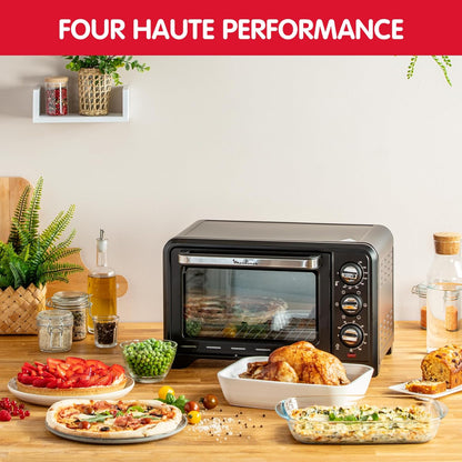Four Électrique Posable 19 L, Compact, Chaleur Tournante, 6 Modes De Cuisson, Thermostat Réglable Jusqu’À 240°C, Minuteur 120 Min, Grille Réversible, Lèche Frites, Optimo Noir OX444810