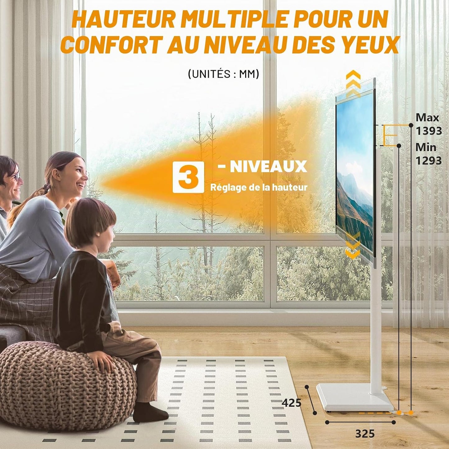 Support TV Au Sol Pour Téléviseurs De 32 À 60 Pouces, Support TV Haut Avec Pieds De Support, Support Tvs D'Angle Slim, Hauteur Réglable, Pivotant, Max VESA 400X400Mm Jusqu'À 40Kg