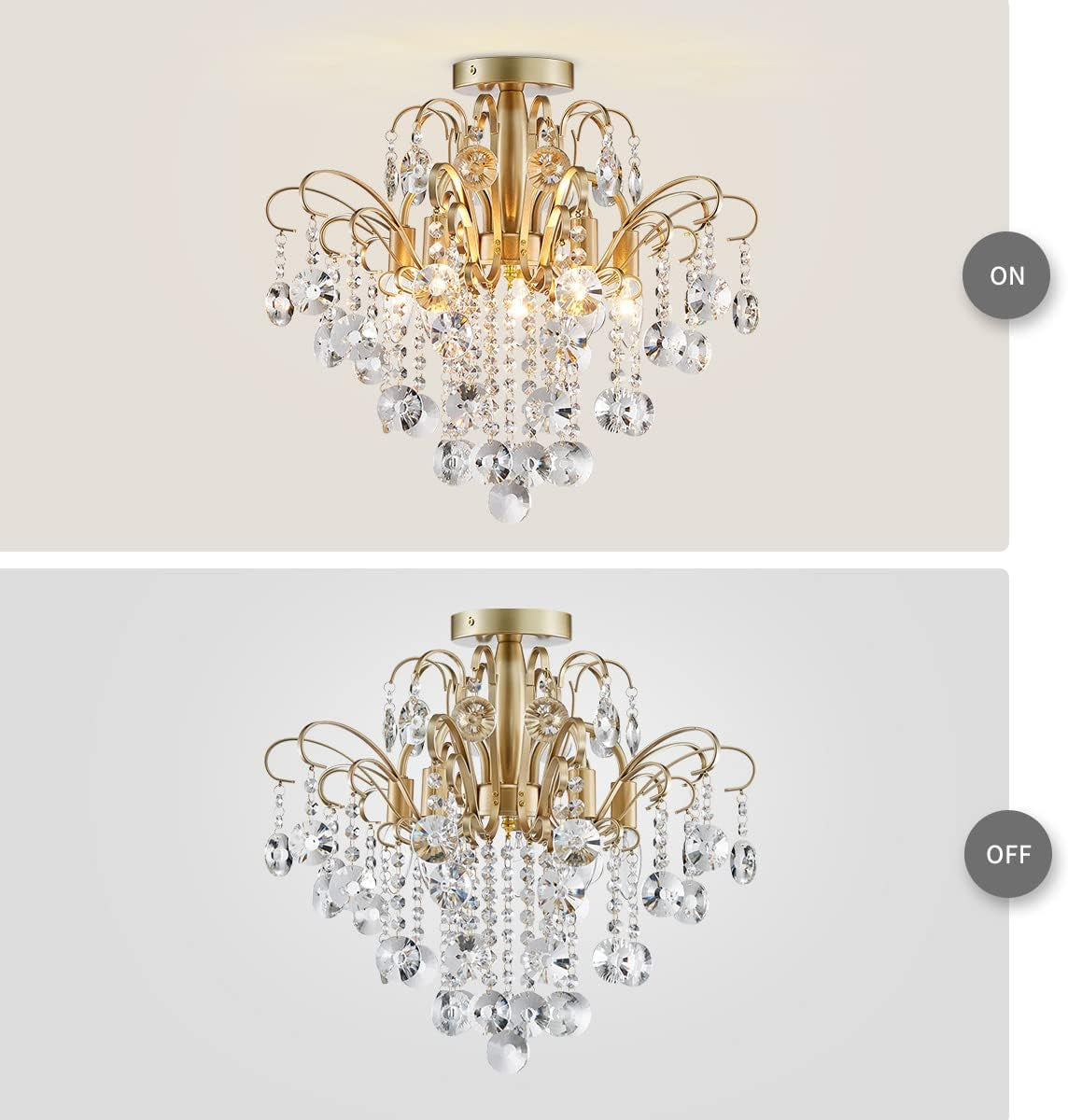 Lustre En Cristal Plafonnier Encastré Luminaire Moderne Pour Chambre À Coucher Couloir Bar Cuisine Salle De Bain, H 45 X W 50, Base E14, Or
