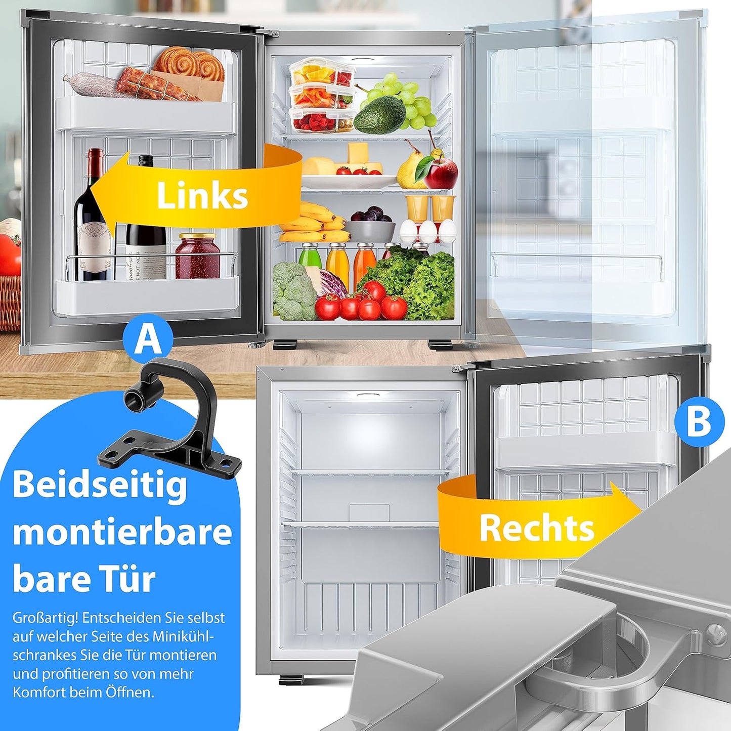 KESSER® Mini Réfrigérateur Avec Serrure, Mini Bar De 40 L, Silencieux, 22 DB, Verrouillable, Chambre À Coucher, Butée De Porte Amovible, Env. 4 À 16 °C, Hauteur 57 Cm, Éclairage Intérieur
