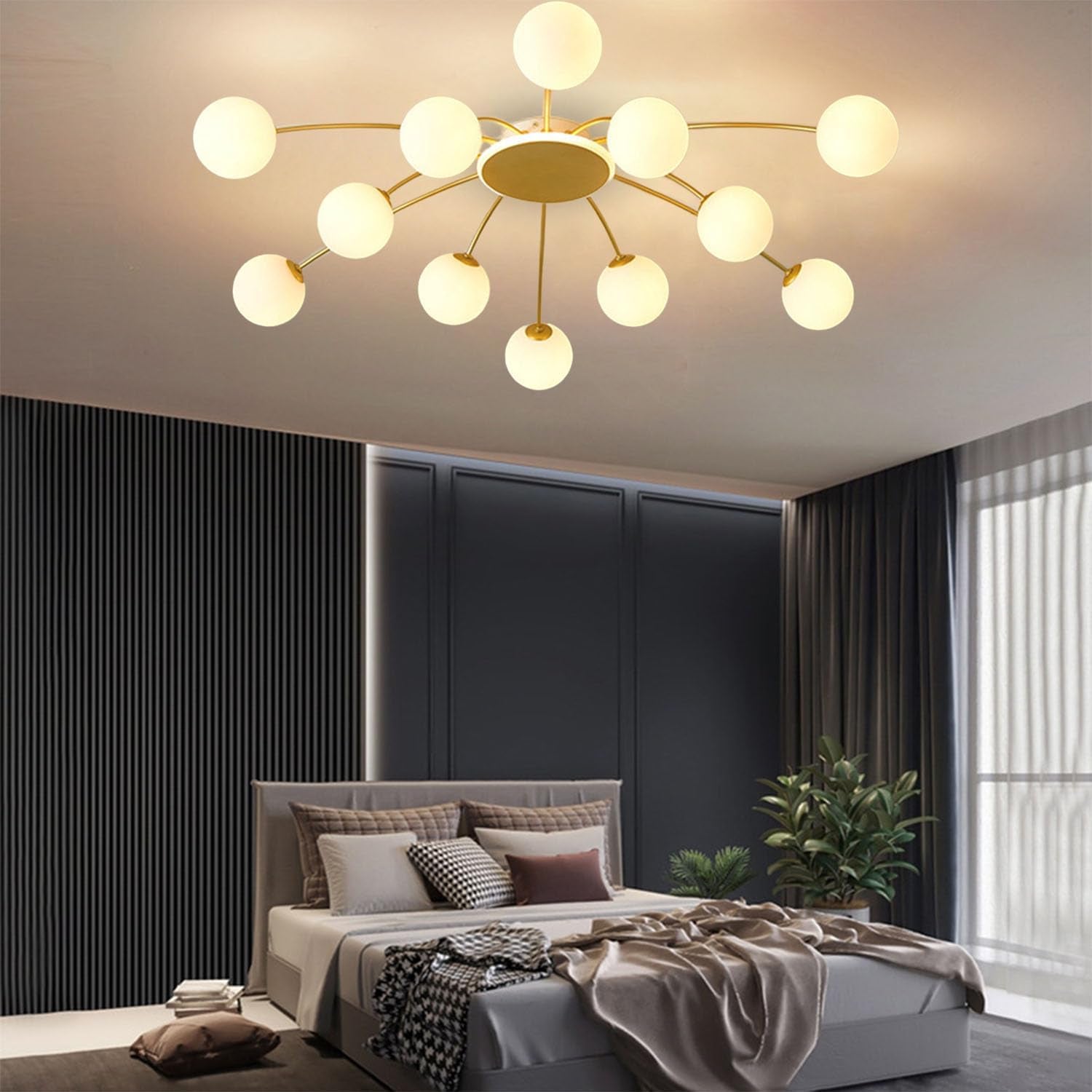 Lustre Sputnik À 12 Lumières，Plafonnier Doré Pour Salon | Lustre Industriel, Ampoules Globe G9 Non Incluses, Cadre Métal, Lustre Vintage Pour Chambre, Salle À Manger, Hôtel