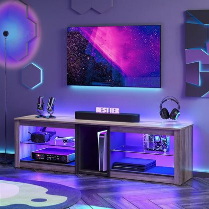 Meuble TV Bas Pour Téléviseurs 65" Et plus Petits, 160 X 35 X 52 Cm, Meuble TV Avec Lumières LED RVB, Table TV Avec Gestion Des Câbles Intégrée, Plateau En Verre Réglable