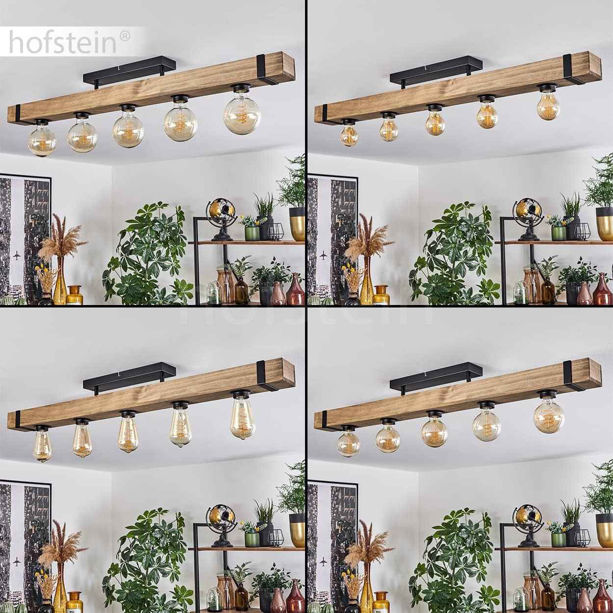 Plafonnier Montgomery, Plafonnier En Métal/Bois Noir/Naturel Avec Poutres En Bois (100 Cm), 5 X E27 Douille, Ampoule(S) Non Incluse(S)