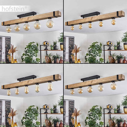 Plafonnier Montgomery, Plafonnier En Métal/Bois Noir/Naturel Avec Poutres En Bois (100 Cm), 5 X E27 Douille, Ampoule(S) Non Incluse(S)