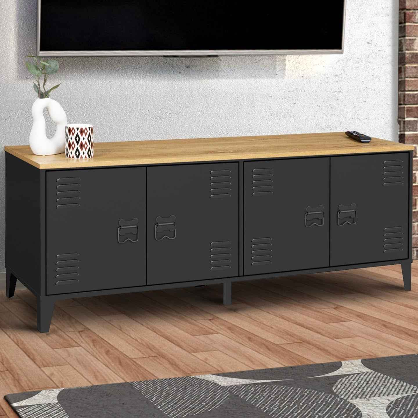 - Buffet Bas Ester 140 Cm Métal Noir Design Industriel | Plan De Travail H.83 Cm, 4 Portes, Plateau Bois