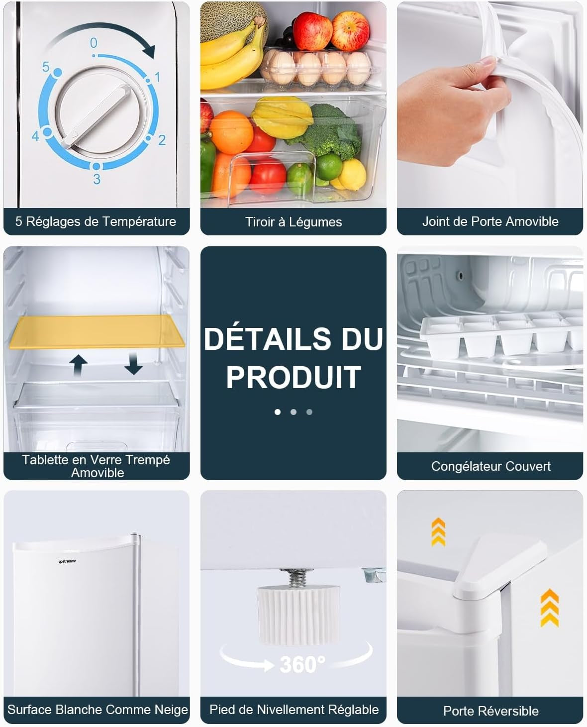 Upstreman Réfrigérateur 91 L Avec Congélateur Et Compartiment À Légumes, Thermostat Réglable, Mini Réfrigérateur Pour Dortoir, Bureau, Chambre, Blanc - BR321