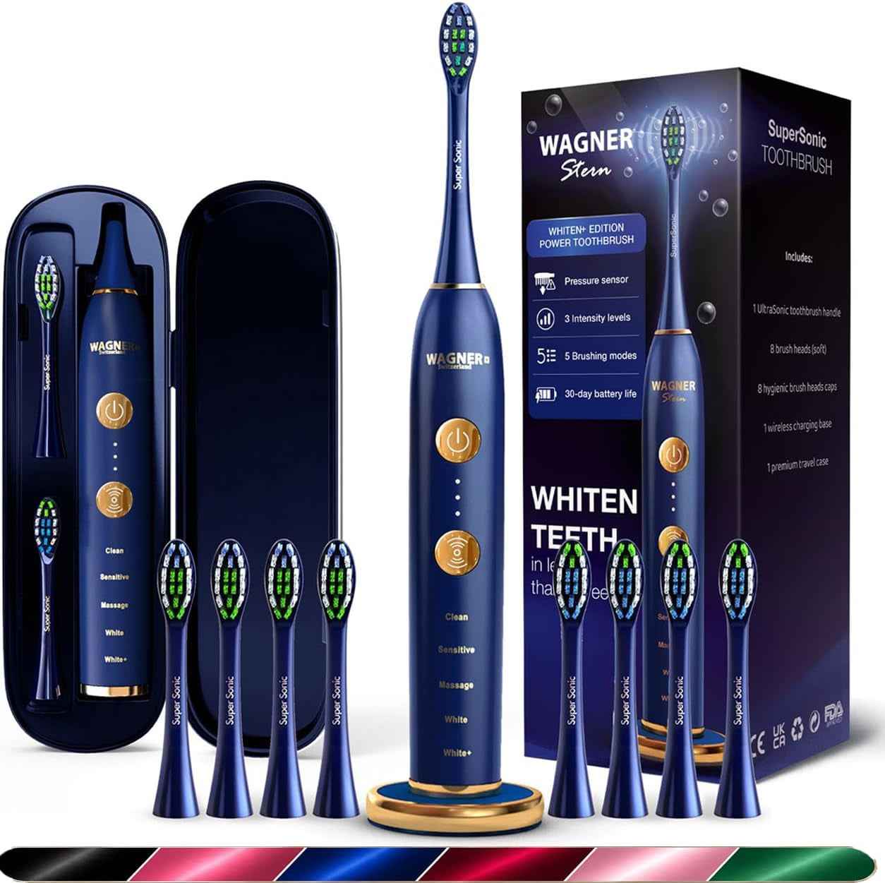 WHITEN+ – Brosse À Dents Électrique Avec Capteur De Pression, 5 Modes, 3 Intensités, 8 Têtes Souples, Moteur Puissant, Étui De Voyage Luxe Inclus (Marine)