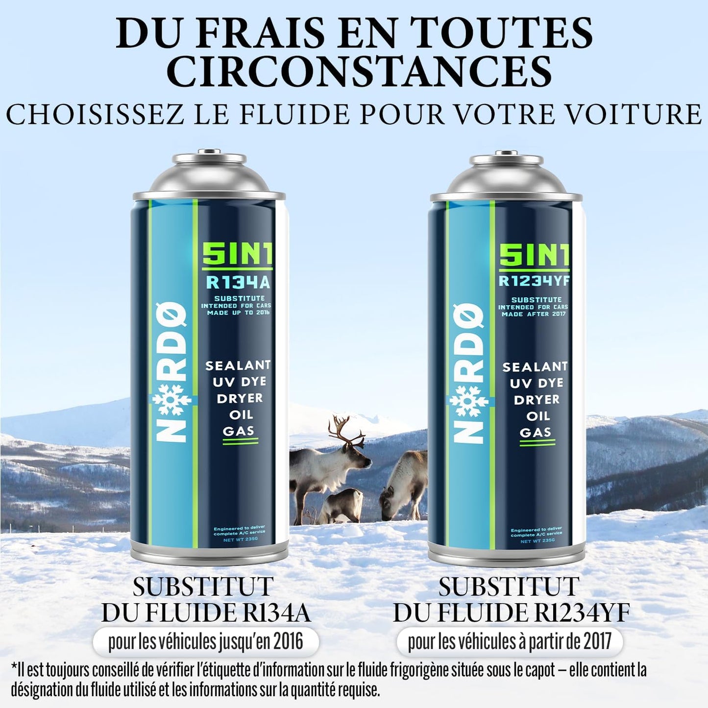 Nordo 5-En-1 – 5X Réfrigérant R134A 235 G Chaque Boîte Pour Climatisation Auto Avec Huile, Stop-Fuite, Traceur UV Et Déshydratant – Protège Le Compresseur