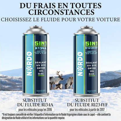 Nordo 5-En-1 – 5X Réfrigérant R134A 235 G Chaque Boîte Pour Climatisation Auto Avec Huile, Stop-Fuite, Traceur UV Et Déshydratant – Protège Le Compresseur