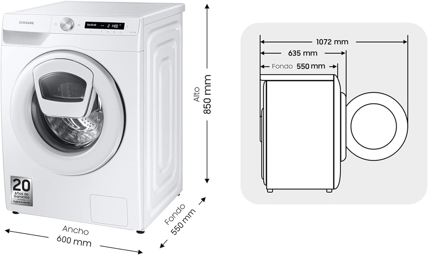 WW90T554DTW/S3 Lave-Linge - Addwash™, Série 5, 9 Kg, Blanc, Technologie Ecobubble™, Intelligence Artificielle, Classe A