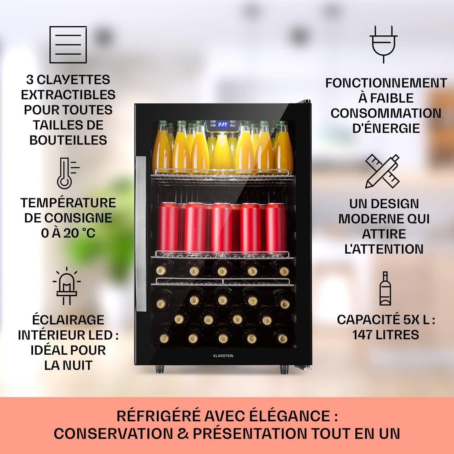 Beersafe Réfrigérateur À Boissons 147 L – Frigo Avec Porte Vitrée, Noir | Éclairage LED, Étagères Métalliques Amovibles, Silencieux, Pour Boissons Et Canettes