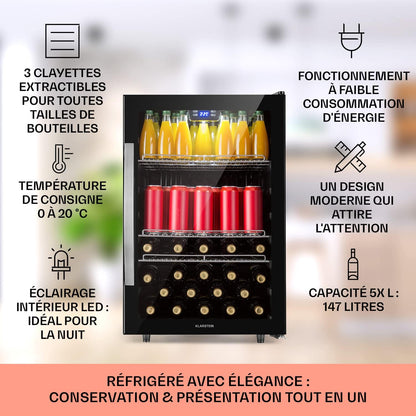 Beersafe Réfrigérateur À Boissons 147 L – Frigo Avec Porte Vitrée, Noir | Éclairage LED, Étagères Métalliques Amovibles, Silencieux, Pour Boissons Et Canettes
