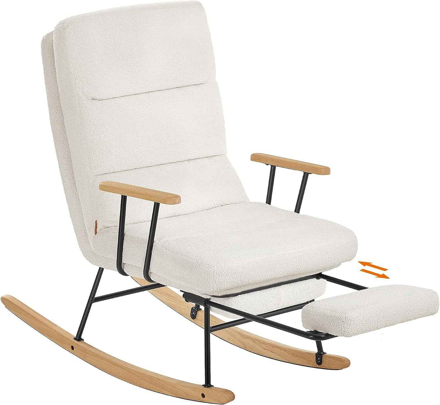 Fauteuil À Bascule, Pieds En Bois D'Hévéa, Tissu Peluche, Chaise À Bascule, Dossier Réglable Sur 4 Positions, Supporte Jusqu'À 160 Kg, Pour Chambre, Salon, Blanc Crème LYY016W01