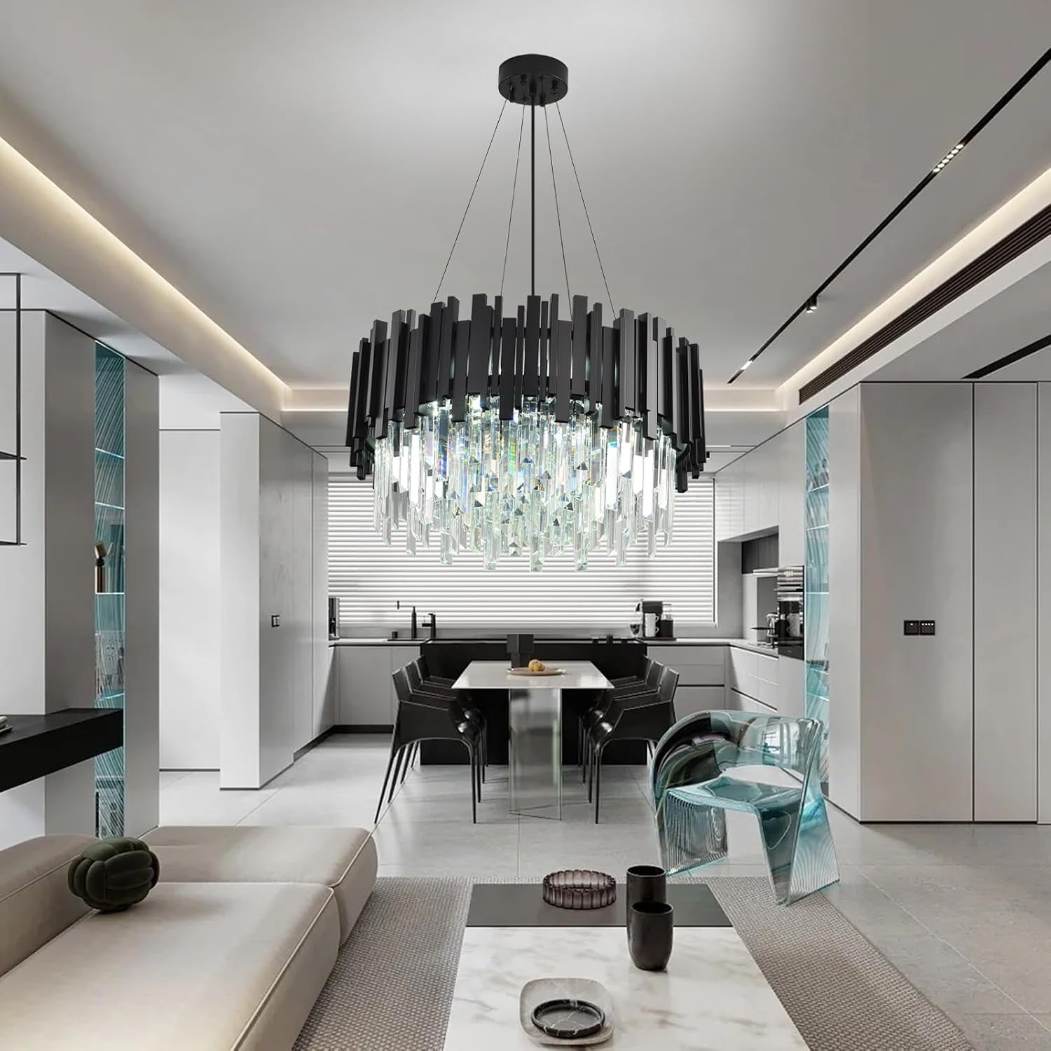 Lustre En Cristal Moderne,2 En 1 Chandelier En Cristal Moderne Pendentif En Or,9Xe14 Lampe À Pendentif En Cristal Rond Pour Salle À Manger, Cuisine, Salon, Chambre, Couloir(55 * 55 Cm,Noir)